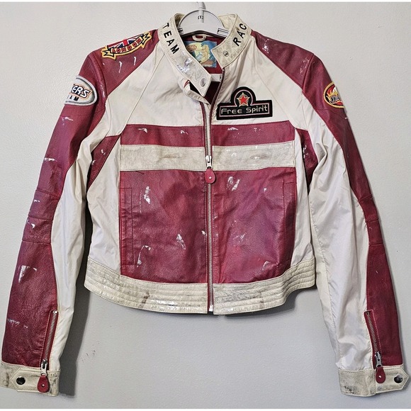 Wilsons Leather Moto Jacket Women's Size Small Hot Wheels Union Jack Bikers Rare